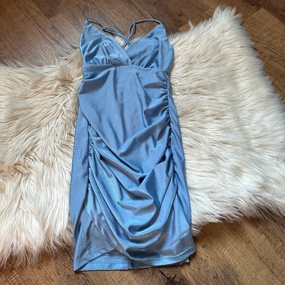 LUCY IN THE SKY Ruched Cross Back Dress In Pastel Blue - Picture 2 of 4
